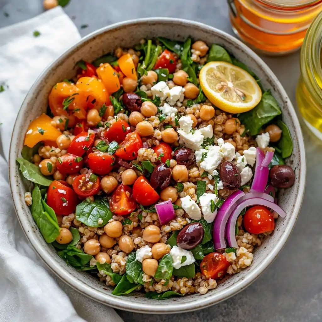 Mediterranean grain bowl with roasted vegetables
